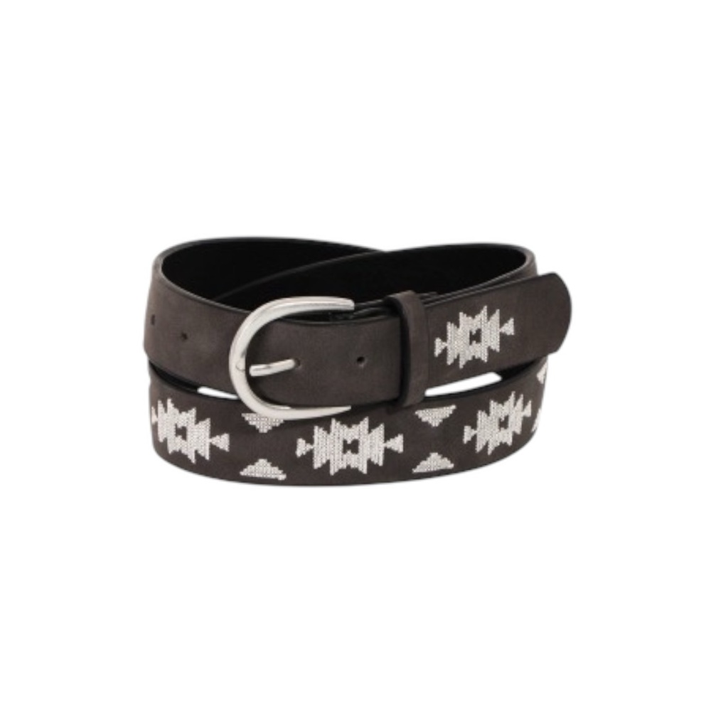 SADDLE STITCH BOHO WESTERN EMBROIDERED BELT W/SILVER BUCKLE
( Black)